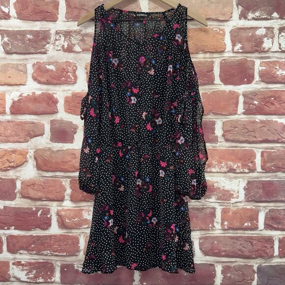 Express Dress Womens M Black Multicolor Floral Polka Dot Slit Tie Sleeve Casual - Picture 6 of 8